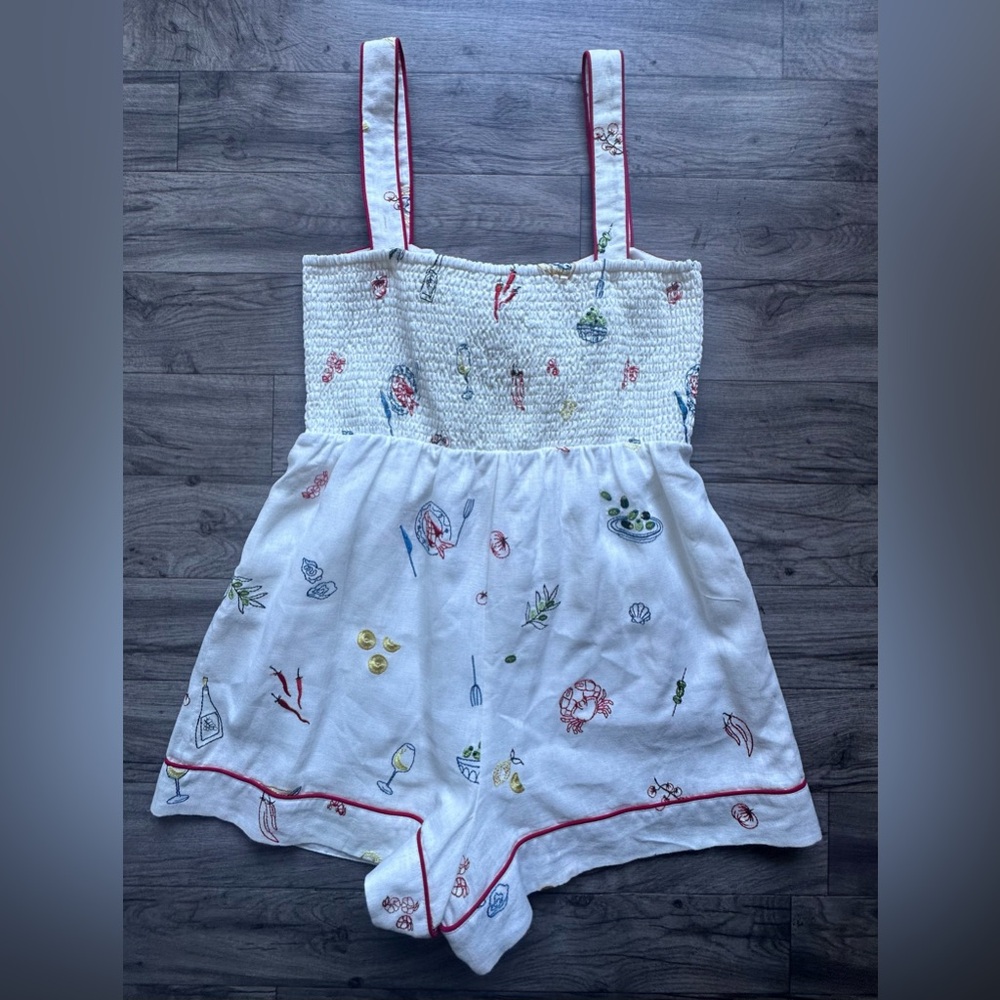 Caroline Constas Embroidered Linen Romper - Mediterranean Food Print - Size M. - Picture 16 of 17
